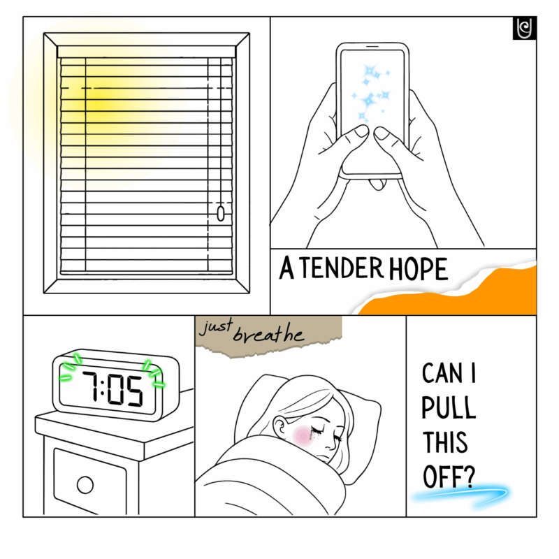 Illustrated morning scene with a worried woman in bed, a phone glowing with sparkles, and the words “A Tender Hope” and “Can I pull this off?” — evoking emotional healing through everyday overwhelm.