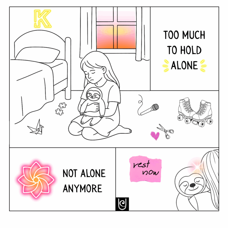 Line drawing of a sad child hugging a sloth plushie while surrounded by comforting objects—roller skates, origami, a puzzle piece, and a glowing window at sunset. Words read “Too much to hold alone” and “Not alone anymore,” expressing inner child healing, rest, and emotional support.